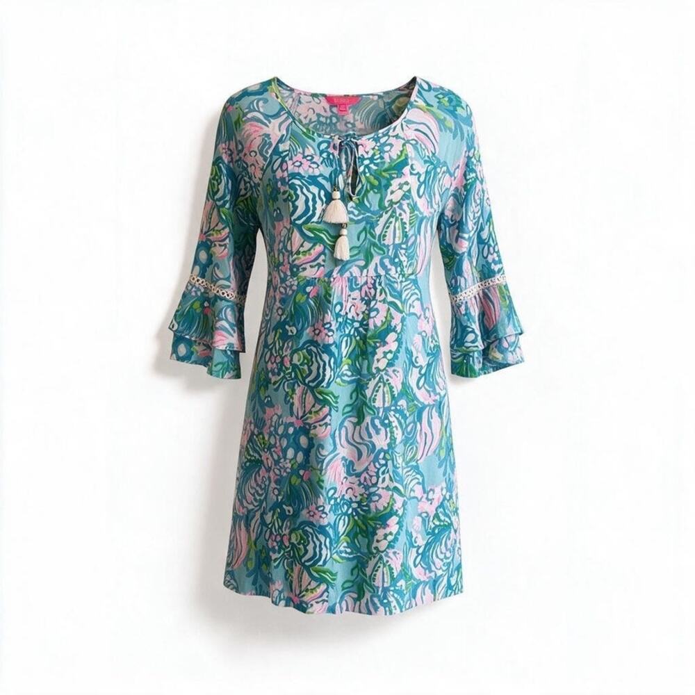 Lilly Pulitzer Dress M 100% Rayon Blue Pink Green Floral Print Tassel Tie